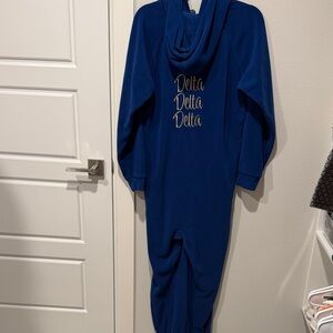 Tri Delta Navy Blue Hooded Adult Onesie with Gold Script